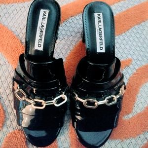 Karl Lagerfeld black patent gold chain mules heels